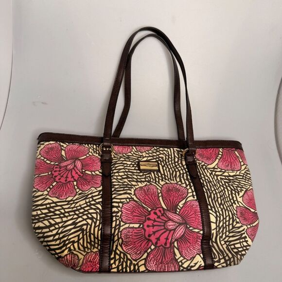 Tommy Hilfiger Pink Floral Canvas Tote Bag Brown Leather Accents 17"x10"x5" EUC - Picture 16 of 16